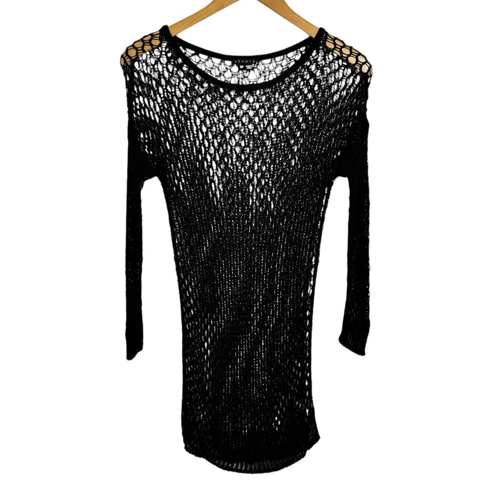 THEORY Knit Mesh Sheer Long Sleeve Top Women S Black Goth Y2K 90s Festival Boho
